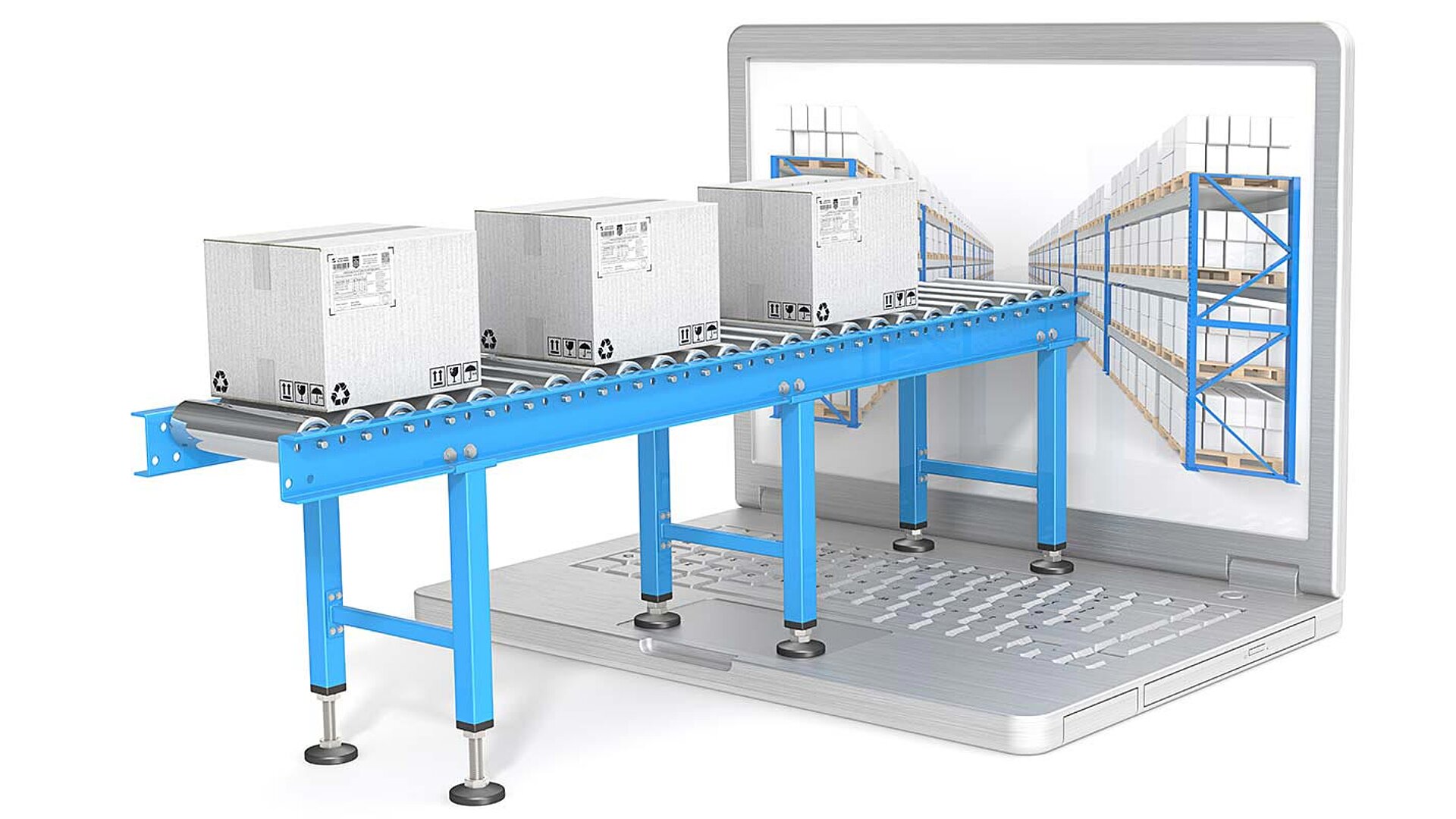 3D-Modell Fließband vor großem Laptop