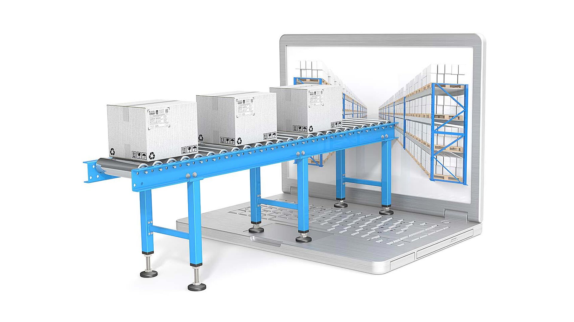 3D-Modell Fließband vor großem Laptop